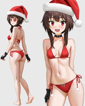 1girl absurdres alternate_costume ass back barefoot belt_collar bikini black_gloves black_hair bow bow_bikini breasts breasts_apart christmas closed_mouth collar collarbone commentary cowboy_shot english_commentary feet fingerless_gloves from_behind full_body fur-trimmed_headwear fur_trim gloves gluteal_fold gradient_background grey_background halterneck hat highres josival kneepits kono_subarashii_sekai_ni_shukufuku_wo! looking_at_viewer looking_back median_furrow megumin multiple_views navel open_mouth paid_reward_available red_bikini red_eyes red_hat santa_bikini santa_costume santa_hat short_hair_with_long_locks shoulder_blades side-tie_bikini_bottom small_breasts smile soles standing string_bikini swimsuit teeth thighs upper_teeth_only walking
