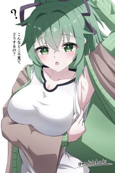 Rule 34 | 1girl, ?, absurdres, arm up, armpits, blush, breasts, brown jacket, cleavage, collarbone, commentary request, duel monster, green eyes, green hair, highres, jacket, large breasts, looking at viewer, madidehonki, open mouth, presenting armpit, shirt, simple background, smile, solo, translation request, twitter username, white background, white shirt, wynn (yu-gi-oh!), wynn the wind charmer, yu-gi-oh!