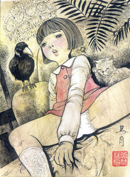 1girl animal bird black_eyes black_hair blush cat chandelier couch dress flat_chest fractal_underground_studio kneehighs lace lace-trimmed_panties lace_trim loli long_sleeves looking_up on_couch open_mouth original palm_leaf panties plant red_dress shirt short_hair sitting sleeveless sleeveless_dress socks spread_legs teeth traditional_media underwear white_fur white_panties white_shirt white_socks