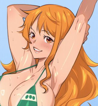 1girl 2026 arm_behind_head armpits arms_up bare_arms bikini blue_background blush breasts cleavage collarbone commentary green_bikini halterneck kukumomo large_breasts lipgloss long_hair looking_at_viewer nami_(one_piece) nami_(one_piece)_(return_to_sabaody) one_piece open_mouth orange_eyes orange_hair paid_reward_available simple_background single_sidelock solo strap_gap stretching sweat swimsuit teeth upper_body wavy_hair
