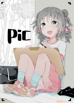 1girl bag blue_eyes blush commentary drawing_(action) drawing_board drill_hair english_commentary fang forest full_body grey_hair hair_bun highres kinomoto_(nazonoinu) looking_at_viewer nature open_mouth original outdoors panties sitting skirt smile solo twin_drills underwear v white_panties