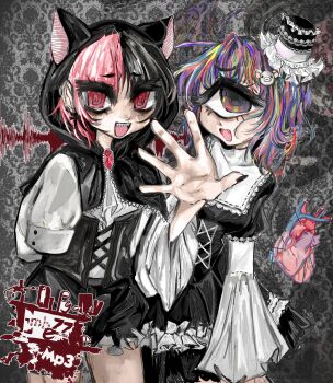 Rule 34 | absurdres, bear hair ornament, black dress, black eyeliner, black hair, black nails, bloomers, commentary, cosmo (1icola), cowboy shot, cyclops, djkurara, dress, eyelashes, eyeliner, fang, gem, goth fashion, gothic lolita, grey background, hair ornament, hat, heart (organ), highres, illegallyembezzlemp3, j-core, kyou1110, lolita fashion, looking at viewer, makeup, mini hat, multicolored eyes, multicolored hair, nail polish, one-eyed, outstretched hand, radioa kurara, rainbow eyes, rainbow hair, red eyes, red hair, red pendant, ringed eyes, sharp teeth, sleeves past wrists, split-color hair, teeth, underwear, untranslatable commentary, waveform