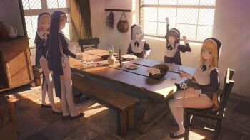 5girls aya_(lezon) backlighting bench black_leotard black_ribbon black_shoes blonde_hair blue_eyes book breasts brown_hair bucket candle candlestand chair commentary cup elf flagstone flat_chest flower green_eyes grey_hair highres indoors large_breasts leotard long_hair long_sleeves looking_at_another looking_at_viewer mary_janes medium_hair multicolored_leotard multiple_girls neck_ribbon nun orange_hair original pointy_ears pouring ribbon shoes sitting small_breasts standing stone_floor table tea teacup teapot thighhighs thighs two-tone_leotard very_long_hair whispering_in_ear white_leotard window wooden_bench wooden_chair wooden_table yellow_eyes