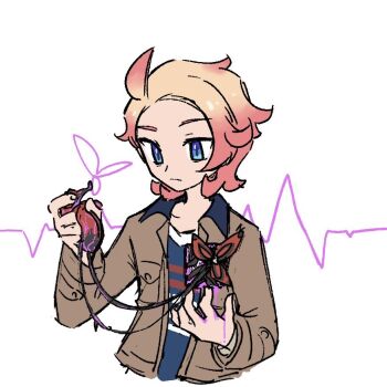 1boy blonde_hair blue_eyes blue_shirt brown_jacket closed_mouth flower hashtag-only_commentary heart_(organ) holding holding_heart_(organ) jacket long_sleeves male_focus medium_hair nintendo open_clothes open_jacket pokemon pokemon_legends:_z-a print_shirt shirt solo urbain_(pokemon) white_background xlii_idk