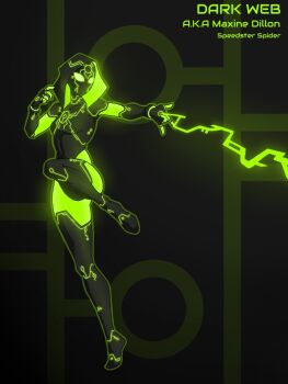 1girl bodysuit breasts character_name english_text forge_(artist) full_body highres leg_up leotard marvel neon_lights original silk small_breasts solo spider-man_(series) spider_web web_shooter