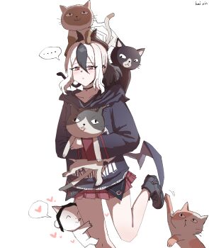 Rule 34 | ..., 1boy, 1girl, absurdres, animal, artist name, black choker, black hair, black hoodie, black horns, blue archive, cat, choker, collarbone, commentary, demon horns, demon wings, doodle sensei (blue archive), grey halo, halo, heart, highres, holding, holding animal, holding cat, hood, hood down, hoodie, horns, hugging another's leg, kai xin, kayoko (blue archive), long hair, long sleeves, multicolored hair, plaid clothes, plaid skirt, pleated skirt, ponytail, red eyes, red skirt, sensei (blue archive), simple background, single wing, skirt, spoken ellipsis, spoken heart, two-tone hair, white background, white hair, wings