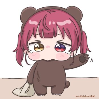 Rule 34 | 1girl, animal costume, animal ears, bear costume, bear ears, bear tail, blush, blush stickers, brown eyes, chibi, commentary request, fake animal ears, fake tail, full body, heterochromia, hololive, houshou kumarine, houshou marine, mochimiko, motion lines, nose blush, red eyes, red hair, signature, simple background, solo, standing, tail, tears, twintails, virtual youtuber, white background, yurie mouth