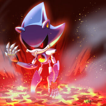 Rule 34 | 1other, animal ears, arm up, artist name, black sclera, blue skin, bolt (hardware), claws, colored sclera, colored skin, epic, hedgehog, joints, lava, looking at viewer, metal, metal skin, metal sonic, no mouth, red eyes, robot, sega, solo, sonic (series), sparks, spiralspeed, volcano