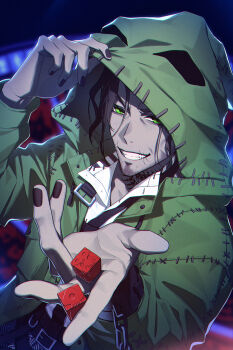 13_(bbr584607091) 1boy belt black_belt black_nails blurry blurry_background brown_hair coat collared_shirt commentary dice facial_hair green_coat green_eyes grin highres holding holding_dice hood hood_up hooded_coat long_sleeves looking_at_viewer male_focus multiple_belts nail_polish outline patchwork_clothes shirt smile solo stubble swing_(twisted_wonderland) symbol-only_commentary twisted_wonderland white_shirt