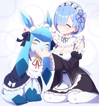 2girls :3 absurdres blue_fur blue_hair blush bow breasts chin_rub cleavage closed_eyes clothed_pokemon commission commissioner_upload detached_sleeves frills gen_4_pokemon glaceon glaceon_(tea_party) hair_ornament hair_over_one_eye heart highres hiro_(pqtks113) kneeling looking_at_another maid maid_headdress multiple_girls nintendo non-web_source pokemon pokemon_(creature) pokemon_unite re:zero_kara_hajimeru_isekai_seikatsu rem_(re:zero) ribbon roswaal_mansion_maid_uniform short_hair simple_background skeb_commission smile two-tone_fur x_hair_ornament
