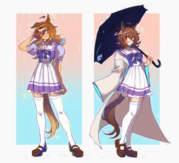2girls absurdres agnes_tachyon_(umamusume) ahoge animal_ears blush bow bowtie breasts brown_eyes brown_hair calamity_brezze closed_mouth coat ear_ornament earrings frown full_body hair_between_eyes hair_ornament hairclip highres holding holding_umbrella horse_ears horse_girl horse_tail huge_ahoge jewelry jungle_pocket_(umamusume) lab_coat long_sleeves looking_at_another medium_hair multicolored_hair multiple_girls notched_ear open_clothes open_coat puffy_short_sleeves puffy_sleeves purple_bow purple_shirt rain red_eyes sailor_collar sailor_shirt school_uniform shirt shoes short_sleeves single_earring skirt sleeves_past_fingers sleeves_past_wrists smile squinting streaked_hair tail thighhighs tracen_school_uniform umamusume umbrella white_coat white_sailor_collar white_skirt white_thighhighs zettai_ryouiki