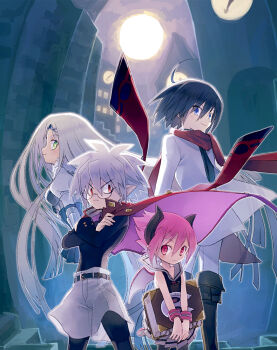 2boys 2girls ahoge almaz_von_almadine_adamant belt black_hair blue_eyes blush book demon_girl demon_wings disgaea glasses green_eyes holding horns itsuki_(s2_129) jacket long_hair makai_senki_disgaea_3 mao_(disgaea) multiple_boys multiple_girls pink_hair raspberyl red_eyes sailor_collar sapphire_rhodonite scarf short_hair sidelocks silver_hair skirt smile sparkling_eyes wings