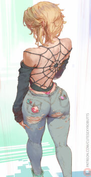 1girl ass ass_tattoo back badge bare_shoulders black_shirt blonde_hair blue_pants breasts button_badge cutesexyrobutts denim gwen_stacy highres jeans large_breasts long_sleeves marvel off_shoulder panties pants pink_panties shirt short_hair solo spider-man_(series) spider_web_pattern tattoo thighs thong torn_clothes torn_pants underwear whale_tail_(clothing)