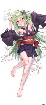 1girl absurdres barefoot blush feet green_hair highres japanese_clothes kensiejan long_hair looking_at_viewer lying murasame_(senren) on_back parted_lips pink_eyes revision senren_banka toes twintails