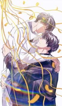 2boys 8d2suga9 black_coat black_eyes black_hair closed_eyes coat confetti feet_out_of_frame forehead-to-forehead from_side hand_on_another&#039;s_ass hand_on_another&#039;s_back heads_together highres hug kim_dokja lens_flare lifting_person male_focus multiple_boys omniscient_reader&#039;s_viewpoint open_clothes open_coat popped_collar rainbow short_hair smile streamers white_coat yaoi yoo_joonghyuk