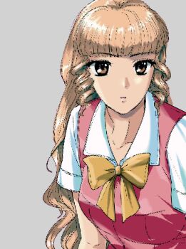 Rule 34 | 1990s (style), 1girl, amikoiiko, blonde hair, bow, bowtie, brown eyes, collarbone, dithering, drill hair, grey background, highres, hime cut, kono yo no hate de koi wo utau shoujo yu-no, long hair, mismatched eyebrows, open mouth, pc-98 (style), pink vest, pixel art, retro artstyle, school uniform, shimazu mio, shirt, short sleeves, simple background, upper body, vest, waistcoat, white shirt, yellow bow, yellow bowtie