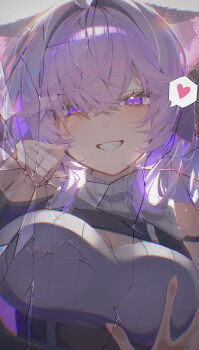 1other :d absurdres ahoge animal_ears black_jacket breasts cat_ears cat_girl chest_strap commentary_request crack cracked_glass crossed_bangs grey_sweater grin hair_between_eyes heart highres hololive jacket large_breasts looking_at_viewer nekomata_okayu nekomata_okayu_(8th_costume) official_alternate_costume open_mouth pov pov_hands purple_eyes purple_hair ribbed_sweater sleeveless sleeveless_sweater sleeveless_turtleneck smile spoken_heart sweater turtleneck turtleneck_sweater virtual_youtuber yusha_(lv1_yusha_522)