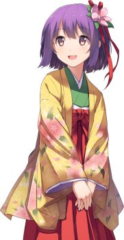 1girl :d cherry_blossoms eho_(icbm) floral_print flower game_cg green_kimono hair_flower hair_ornament hair_ribbon hakama hakama_skirt hieda_no_akyuu japanese_clothes kimono labyrinth_of_touhou_(series) labyrinth_of_touhou_tri layered_kimono long_sleeves looking_to_the_side medium_hair non-web_source official_art open_mouth own_hands_together pink_flower print_kimono purple_hair red_eyes red_hakama red_ribbon ribbon skirt smile solo touhou transparent_background v_arms wide_sleeves yellow_kimono