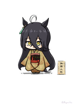 1girl ahoge animal_ears black_hair brown_kimono chibi chibi_only ear_tag earrings full_body hair_between_eyes highres horse_ears horse_girl horse_tail japanese_clothes jewelry kimono long_bangs long_hair long_hair_between_eyes long_sleeves looking_at_viewer magnoliko manhattan_cafe_(umamusume) multicolored_hair sandals sash simple_background single_earring solo tail umamusume very_long_hair white_background white_hair wide_sleeves yellow_kimono