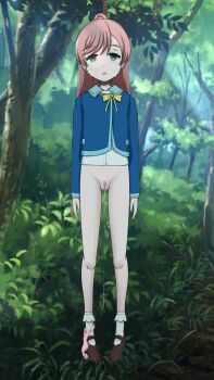 1girl asphyxiation cleft_of_venus corpse death empty_eyes female_focus female_pubic_hair forest fundarikettari green_eyes guro hanged hanging highres loli long_hair nature nijigaoka_mashiro open_mouth outdoors panties_around_leg peeing pink_hair precure pubic_hair pussy rope rope_around_neck shoes socks solo tears tree