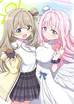 Rule 34 | 2girls, black gloves, black skirt, blue archive, breasts, brown hair, collared shirt, commentary request, cowboy shot, dress, fingerless gloves, gloves, green eyes, green halo, hair bun, hair rings, halo, harada (sansei rain), highres, holding, jacket, large breasts, long hair, looking at viewer, mika (blue archive), miniskirt, multiple girls, nonomi (blue archive), open mouth, pink hair, pinkh alo, pleated skirt, shirt, single hair ring, single side bun, skirt, smile, white dress, white shirt, white wings, wings, yellow jacket
