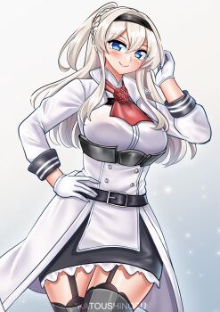1girl absurdres belt black_belt black_hairband black_skirt blue_eyes blush braid breasts commentary cowboy_shot flower garter_straps glorious_(kancolle) gloves grey_hair grey_thighhighs hair_between_eyes hairband half_up_braid hand_on_own_hip highres jacket kantai_collection katou_shinobu large_breasts one-hour_drawing_challenge red_flower red_rose rose skirt smile solo thighhighs white_gloves white_jacket