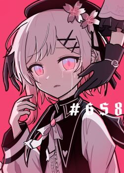 2girls absurdres backlighting black_dress black_gloves black_hat cherry_blossoms choker commentary_request dishthecatlover dress flower gloves hat highres mahou_shoujo_no_majo_saiban multicolored_hair multiple_girls pink_eyes ribbon sakuraba_ema simple_background tears tsukishiro_yuki upper_body