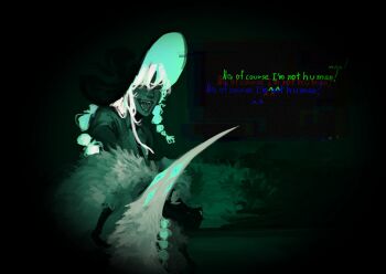 1girl arthropod_limbs braid closed_eyes dark-skinned_female dark_skin dialogue_box dim_lighting facing_viewer fur_trim hand_up hat highres night no_i&#039;m_not_a_human open_mouth original parody sharp_teeth solo teeth white_hair whyratention