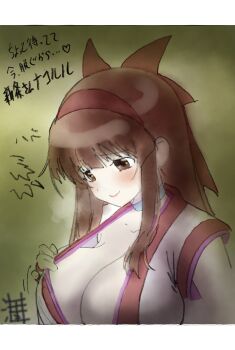 1girl absurdres ainu_clothes artist_name blush breasts brown_eyes brown_hair cleavage gloves hair_ribbon highres japanese_text large_breasts long_hair nakoruru no_bra pink_lips pulling_own_clothes ribbon samurai_spirits smile snk solo teasing the_king_of_fighters top_pull traditional_media translation_request