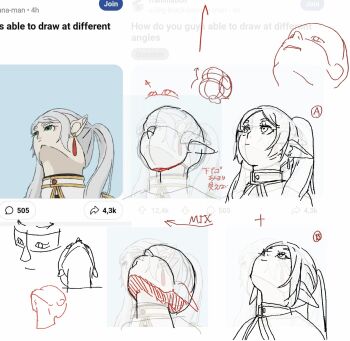 1girl capelet elf expressionless frieren highres how_to lineart long_pointy_ears looking_up multiple_views nanase_miri pointy_ears reddit reference_inset screenshot_background smile sousou_no_frieren thick_eyebrows translation_request upper_body upward_angle_frieren_drawing