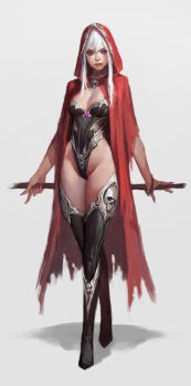 1girl bad_id black_boots black_thighhighs boots bracelet breasts cape cleavage dongho_kang female_focus fingernails groin highleg hood jewelry leotard lipstick looking_to_the_side makeup nail_polish no_panties purple_eyes sharp_nails skull solo standing thigh_boots thighhighs torn_clothes white_hair