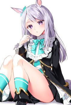 1girl animal_ears aqua_bow aqua_bowtie aqua_ribbon aqua_socks black_boots black_jacket black_skirt blush boots bow bowtie coat commentary_request ear_bow ear_ribbon frilled_coat frilled_jacket frills highres horse_ears horse_girl horse_tail jacket long_hair long_sleeves looking_at_viewer mejiro_mcqueen_(frontline_elegance)_(umamusume) mejiro_mcqueen_(umamusume) metaninjin parted_lips pleated_skirt purple_eyes purple_hair ribbon simple_background sitting skirt socks solo tail umamusume white_background