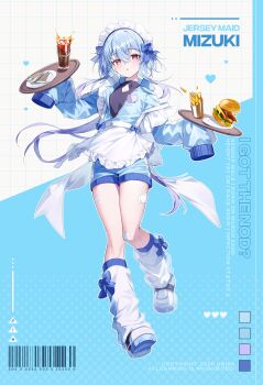 Rule 34 | 1girl, :o, absurdres, apron, arknights, barcode, blue background, blue hair, blue shorts, burger, character name, cola, commentary request, food, french fries, hands up, highres, holding, holding plate, long hair, looking at viewer, mizuki (arknights), plate, purple hair, red eyes, shoes, shorts, solo, ugwa, very long hair, white apron, white background, white shoes