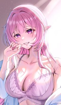 1girl armpit_crease blush bra breasts collarbone commentary cyrene_(honkai:_star_rail) diamond-shaped_pupils diamond_(shape) fingernails fu_oekakiman hand_up highres honkai:_star_rail honkai_(series) large_breasts long_hair looking_at_viewer nail_polish off_shoulder open_clothes open_shirt parted_lips pink_hair pink_nails pointy_ears purple_bra purple_eyes shirt sidelocks smile solo strap_slip symbol-shaped_pupils underwear upper_body white_shirt