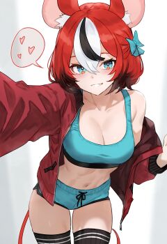 1girl absurdres animal_ears aqua_bow aqua_shorts aqua_sports_bra black_hair black_thighhighs blue_eyes bluefield blush bow breasts cleavage collarbone commentary english_commentary hair_bow hakos_baelz heart highres hololive hololive_english jacket large_breasts long_sleeves looking_at_viewer mouse_ears mouse_girl mouse_tail multicolored_hair navel open_clothes open_jacket outstretched_arm red_hair red_jacket short_hair shorts simple_background single_bare_shoulder single_off_shoulder smile solo spoken_heart sports_bra stomach streaked_hair tail thighhighs thighs virtual_youtuber white_background white_hair