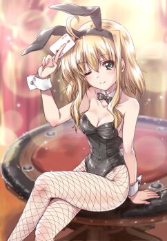 Rule 34 | 1girl, aged up, ahoge, animal ears, arisa bunnings, black bow, black bowtie, black leotard, blurry, blurry background, bow, bowtie, breasts, brown hair, casino card table, cleavage, commentary request, crossed legs, detached collar, fake animal ears, fishnet pantyhose, fishnets, green eyes, highres, kuroi mimei, leotard, looking at viewer, lyrical nanoha, mahou shoujo lyrical nanoha, medium breasts, medium hair, one eye closed, pantyhose, playboy bunny, rabbit ears, rabbit tail, sidelocks, sitting, sitting on table, solo, strapless, strapless leotard, table, tail, wrist cuffs