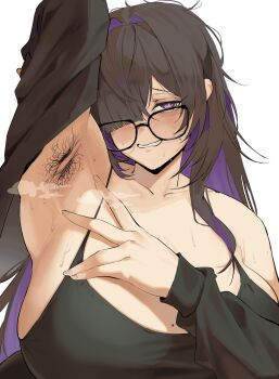 1girl arm_up armpit_hair armpits bare_shoulders black_dress black_hair breasts colored_inner_hair dress glasses goddess_of_victory:_nikke grin highres huge_breasts label_(nikke) large_breasts long_sleeves looking_at_viewer mole mole_on_breast multicolored_hair nyahpa20 smile sweat two-tone_hair
