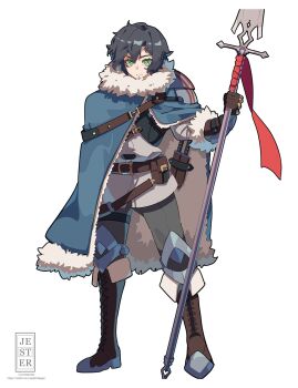 Rule 34 | 1boy, armor, belt, black hair, blue cape, boots, brown boots, brown gloves, cape, closed mouth, fluffy hair, full body, fur trim, gloves, green eyes, hair between eyes, highres, holding, holding polearm, holding weapon, jesternalagon, looking at viewer, male focus, original, pants, polearm, sheath, sheathed, short hair, simple background, solo, spear, standing, sword, weapon, white background