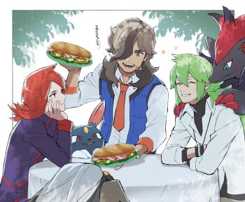 3boys ^_^ arven_(pokemon) blue_jacket bracelet brown_hair closed_eyes collared_shirt flipped_hair food gen_2_pokemon gen_5_pokemon green_eyes green_hair grin hair_between_eyes hair_over_one_eye highres holding holding_plate jacket jewelry long_hair long_sleeves low_ponytail male_focus medium_hair mocollie multiple_boys n_(pokemon) nature necklace necktie nintendo open_mouth plate pokemon pokemon_(creature) pokemon_bw pokemon_sv ponytail purple_eyes red_hair red_necktie sandwich shirt silver_(pokemon) sitting sleeveless sleeveless_jacket smile sneasel table undershirt white_shirt zoroark