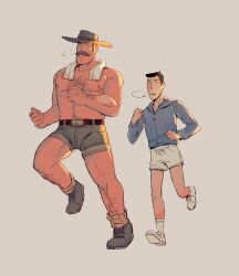 Rule 34 | 2boys, abs, absurdres, arm hair, bara, black hair, blonde hair, boots, breath, citrus0lemon, cowboy hat, full body, grey background, hat, highres, jacket, large pectorals, leg hair, long sideburns, male focus, mature male, mr. bidwell, multiple boys, muscular, muscular male, pectorals, running, saxton hale, short hair, short shorts, shorts, sideburns, simple background, size difference, team fortress 2, thick chest hair, thick mustache, topless male, towel, towel around neck, track jacket