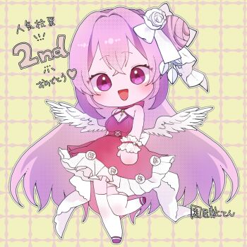 1girl :d angel_wings bare_shoulders blush braid breasts chibi dorothy_(nikke) dorothy_(nostalgia)_(nikke) dress feathered_wings goddess_of_victory:_nikke hair_bun hair_ribbon halter_dress halterneck heart highres long_hair medium_breasts official_alternate_costume open_mouth pink_dress pink_hair purple_eyes ribbon smile solo ten_sonoyashiki white_ribbon white_wings wings