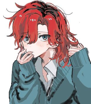 Rule 34 | 1boy, blue sweater, collared shirt, commentary request, dress shirt, hands up, hyoutenka 30-do no zetsubou, long sleeves, male focus, medium hair, mole, mole under eye, multicolored hair, open collar, ozui (ozuizui), playing with own hair, red hair, roots (hair), shirt, simple background, solo, sweater, tonimura yui, two-tone hair, upper body, v-neck, white background