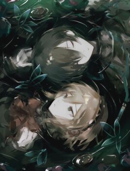 1boy 1girl aigis_(persona) android black_hair blonde_hair blue_eyes bow closed_eyes commentary_request gold_hairband hairband hand_on_another&#039;s_head highres k1kiwa looking_at_another lying on_back partially_submerged persona persona_3 portrait red_bow ripples robot_ears rotational_symmetry sideways water yuuki_makoto_(persona_3)