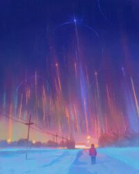 Rule 34 | 1boy, aerial fireworks, blue sky, brecor ruu mark, commentary, fireworks, gradient sky, highres, jacket, night, night sky, original, outdoors, power lines, red jacket, road, scenery, sky, snow, solo, standing, utility pole, very wide shot, winter