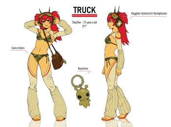 1girl alien arm_warmers bag bandaid bandaid_on_clothes bikini black_eyes body_freckles breast_freckles breasts brown_bag camouflage camouflage_bikini character_age character_name charm_(object) clothing_cutout commentary english_commentary english_text freckles from_side full_body goggles goggles_on_head green_bikini hands_on_headphones headphones height highres leg_warmers long_hair long_sleeves multiple_views navel navel_piercing nifast_(greentail) original piercing pointing_out_the_details radio_antenna red_hair red_sandals reference_sheet reflective_floor sandals shoulder_bag shoulder_cutout shoulder_freckles shrug_(clothing) side-tie_bikini_bottom simple_background small_breasts smile standing stomach straight-on swimsuit thigh_freckles thighhighs truck_(nifast_(greentail)) two_side_up white_background white_thighhighs