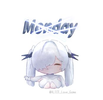 1girl alice_love_game armpit_cutout blush bodysuit breasts cinderella_(nikke) cleavage closed_eyes clothing_cutout gloves goddess_of_victory:_nikke hair_over_one_eye highres large_breasts long_hair monday one_eye_covered see-through_bodysuit see-through_clothes simple_background smile solo twintails upper_body very_long_hair white_background white_bodysuit white_hair