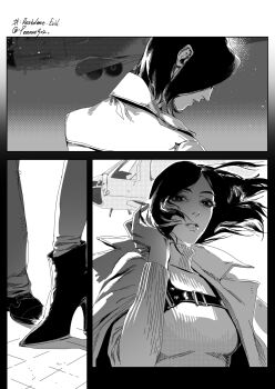 1boy 1girl ada_wong aircraft black_boots black_hair black_shoes boots border breasts chest_strap coat coat_on_shoulders commentary copyright_name gradient_border greyscale hand_in_own_hair helicopter high_heel_boots high_heels highres leon_s._kennedy medium_breasts monochrome parted_bangs parted_lips peanut9021 resident_evil resident_evil_requiem screentones shoes sweater symbol-only_commentary turtleneck turtleneck_sweater twitter_username wind