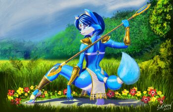 animal_ears bikini blue_fur blue_hair female_focus forest fox fox_ears fox_girl fox_tail furry furry_female grass highres krystal loincloth nature nintendo staff staff_(weapon) star_fox star_fox_adventures sum5hadow swimsuit tail tattoo tribal_clothes tribal_tattoo
