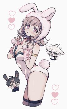 Rule 34 | 1girl, :o, animal ears, bare shoulders, blush, breasts, brown hair, cleavage, commentary request, danganronpa (series), danganronpa 2: goodbye despair, fake animal ears, hair ornament, hinata hajime, komaeda nagito, large breasts, leotard, looking at viewer, medium hair, mole, mole on breast, nanami chiaki, neck ribbon, nekojiri, pink eyes, playboy bunny, rabbit ears, ribbon, solo, strapless, strapless leotard