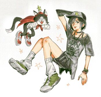 1girl asymmetrical_arms baseball_cap black_choker black_fur black_shoes bracelet cait_sith_(final_fantasy) cape cat choker final_fantasy final_fantasy_vii floating full_body gloves green_shoes hair_between_eyes hat jeremr jewelry looking_at_viewer loose_socks mini_hat multiple_bracelets multiple_rings necklace one_eye_closed print_shirt red_cape red_shoes ring sabotender shirt shoes short_hair sneakers socks tongue tongue_out tuxedo_cat two-tone_fur white_fur white_gloves white_socks yuffie_kisaragi